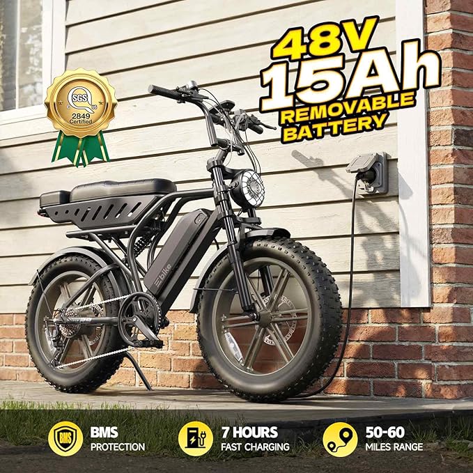 TST Electric Bike for Adults, 1500W Peak Motor Ebike with 48V 15Ah Battery, 60 Miles Range 28 MPH Electric Bicycle, 20" All-Terrain New Upgrade E Bike with Rear Seat 7 Speeds Black