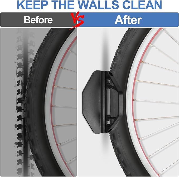 Wall Mounted Bike Rack for Indoor Storage - Heavy Duty 150° Swivel, No Drill Space Saving Design, Fits MTB/Road/E-Bikes & Hybrid, Anti-Slip Stopper (4-Pack, Black)