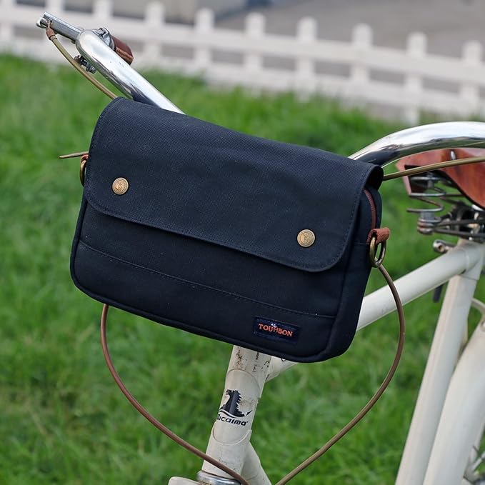 TOURBON Bike Bag Waxed Canvas Bicycle Handlebar Bag Zipper Closure Pouch Crossbar Front Frame Basket Cycling Saddebag Under Seat Strap-on Rear Rack Pannier (Black)