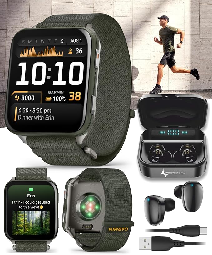 Wearable4U Garmin Venu X1 Thin and Lightweight GPS Smartwatch, AMOLED Display, Moss with Titanium Caseback and Moss ComfortFit Nylon Band Black Earbuds Bundle