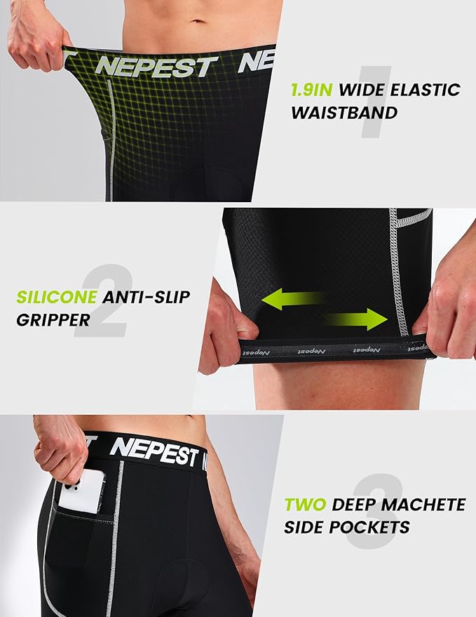 Nepest Cycling Underwear for Men Bike Shorts 4D Padded Biking Road Bicycle Biker MTB Liner Padding Shorts with Pockets