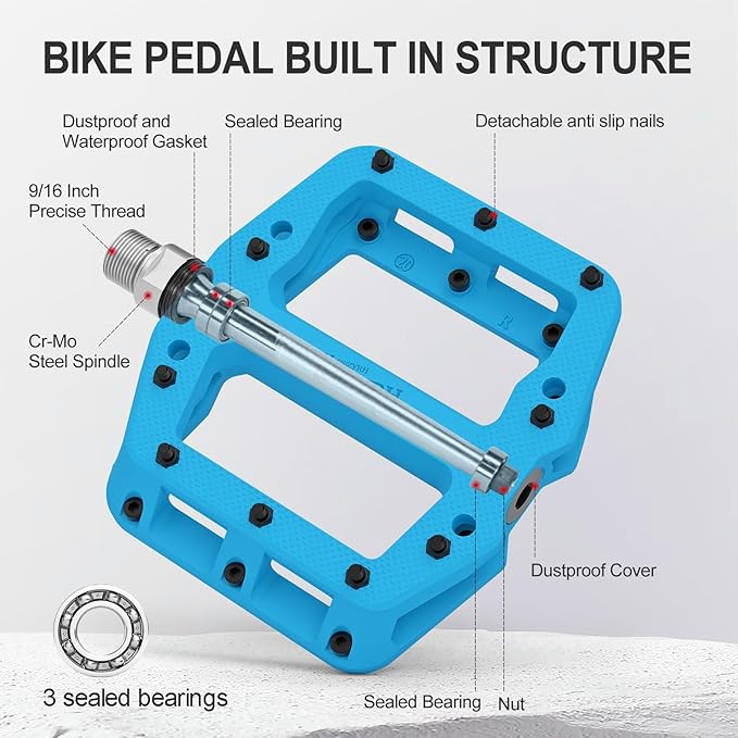 MZYRH Mountain Bike Pedals 9/16" 3 Sealed Bearings Lightweight Non-Slip Nylon Fiber Bicycle Platform Pedals for Road BMX MTB