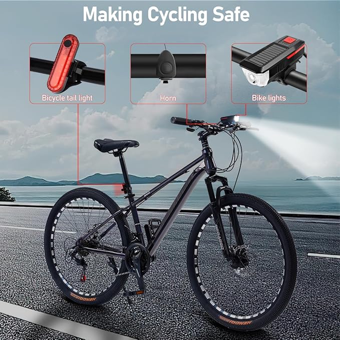 Rechargeable Solar Bike Lights, Night Ultra Bright Bicycle Lights Headlight and Back Taillight with Electric Bell, Easy to Install Waterproof, Road and Mountain LED Bike Lights