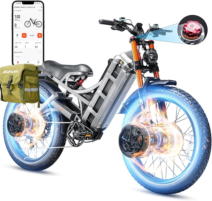 eAhora 2026 Romeo Pro 3 5600W 50Mph High-Torque Ebike, 60V 80Ah 250-Mile Long Range Electric Bike for Adults, Adjustable Air Suspension, 26'' Puncture-Proof Tire, UL 2849 Certified by TÜV