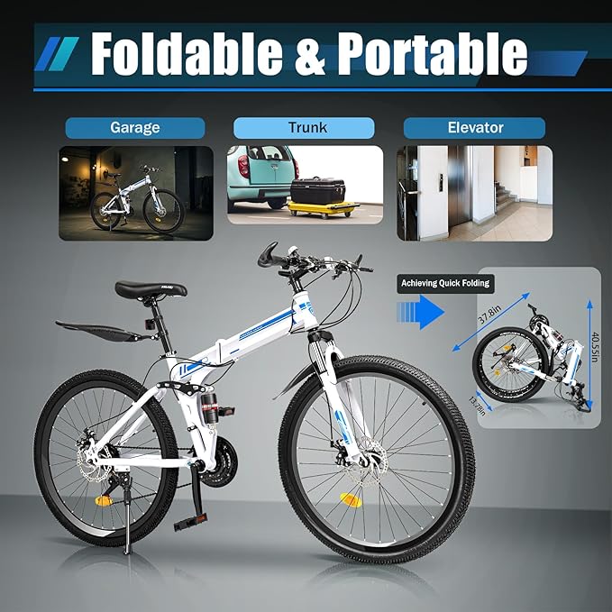 Foldable Mountain Bike Adjiustable Speed Full Suspension High-Carbon Steel Foldable Bicycle Double V-Brake Outroad Mountain Bicycle for Adults Men Women