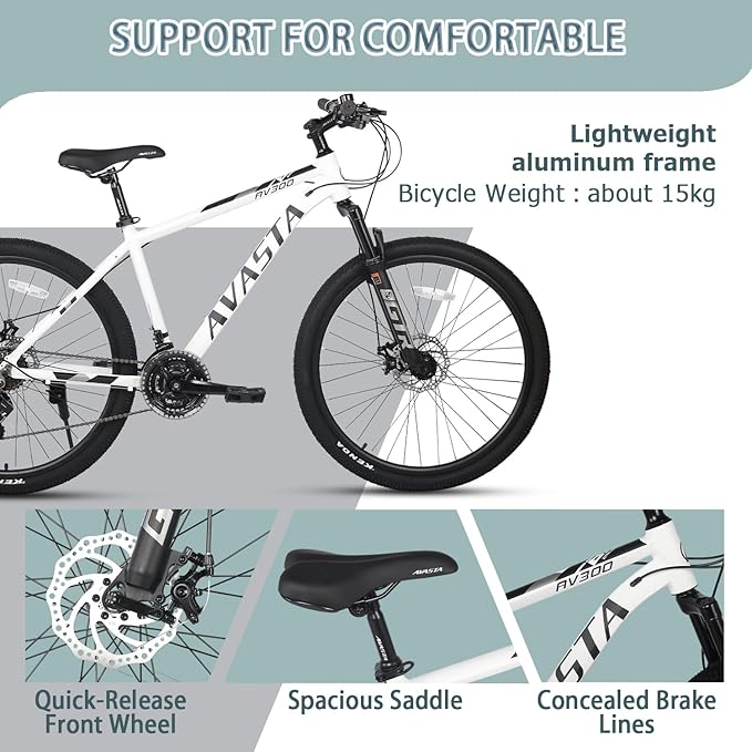 AVASTA AV300 26 27.5 inch Mountain Bike with 21-Speed, Aluminum Frame, Dual Disc Brake, Comfortable Saddle, Multiple Colors