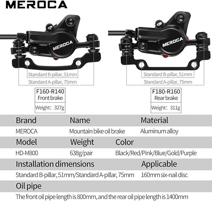 MEROCA M800 Mountain Bike Hydraulic Disc Brakes Hydraulic Bike Brakes Front 800mm and Rear 1400mm with PM Adapter for 160mm Rotor