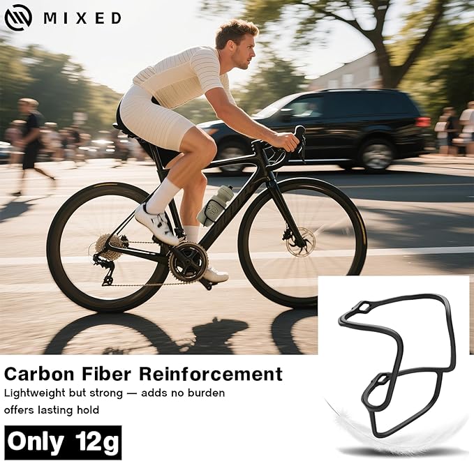 Mixed Bike Water Bottle Holder Cage - Carbon Fiber Reinforced - Ultra-Light 12g, Universal Bike Cup Rack for Road & MTB Bicycles - Secure Fit, No-Rattle, Includes Screws & Tool - Easy Install, Black