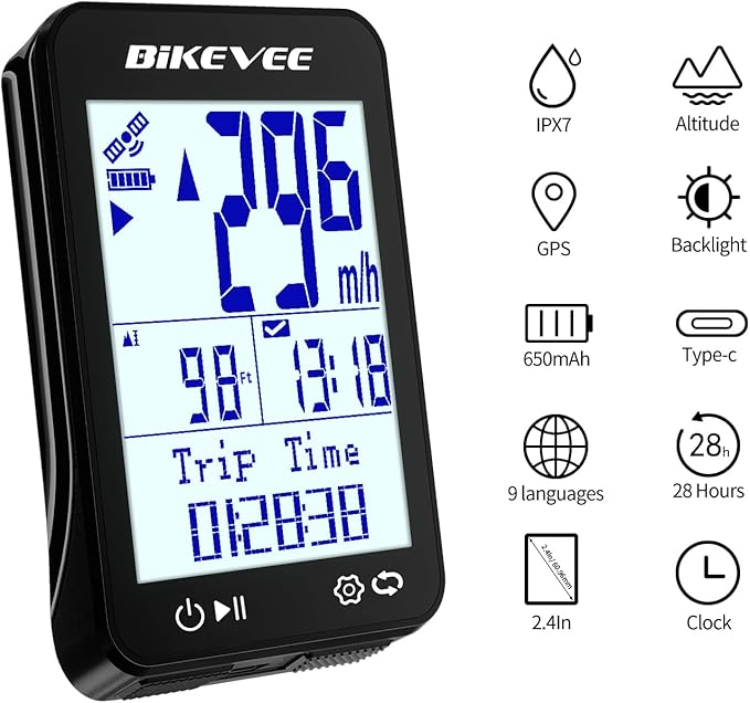 GPS Speedometer & Odometer - Wireless Bike Computer, Auto Start/Stop, Auto Backlight, IPX7 Waterproof, 2.4" LCD, Cycling Tracker in MPH & KM/H