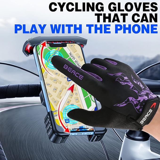 BEACE Cycling Gloves for Men Women - Full Finger Mountain Bike Gloves With Touch Screen and Anti-Slip Silicone Palm - Workout and Road Bicycle Gloves
