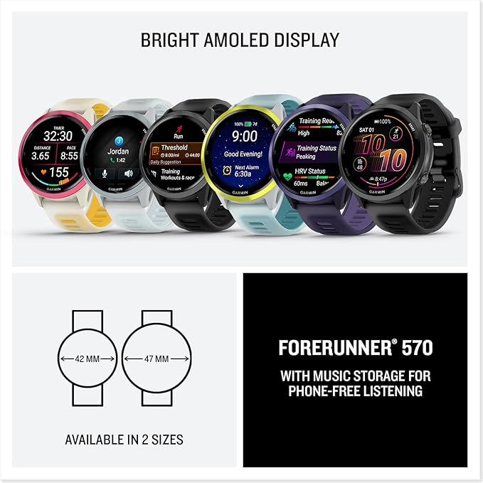 Garmin Forerunner 570 47mm GPS Running Smartwatch, Indigo | Advanced Training & Recovery, Sleep Coach, Heart Rate, Download Music, Up to 11 Day Battery | Signature Series Power Bundle