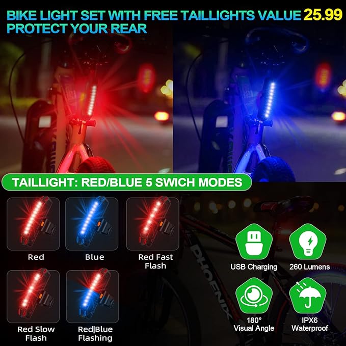 2026 Upgrade 6800Lumen Bike Light for Night Riding,Super Bright 6 LED Headlight,Aluminum 10 Mode Rechargeable Bicycle Light Front and Rear,360°Rotatable Brackt,Waterproof,Runtime 72 hr,Road Shockproof