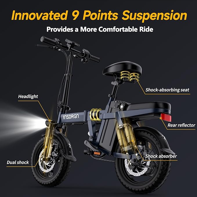 Folding Electric Bike for Adults Teens, Peak 1500W, 62 Miles PAS Range, 48V 16AH Removable Li Battery Ebike, 9 Shocks Full Suspension, 20 MPH Electric Bicycle, UL2849 Certified