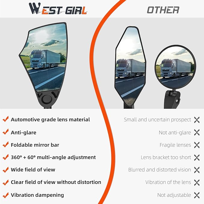 WEST BIKING Anti-Glare Handlebar Bike Mirror - Bike Rear View Mirror With Retractable & 360 ° Adjustable Lens, Foldable Bicycle Mirror For 20-23mm Handlebar(2PCS)
