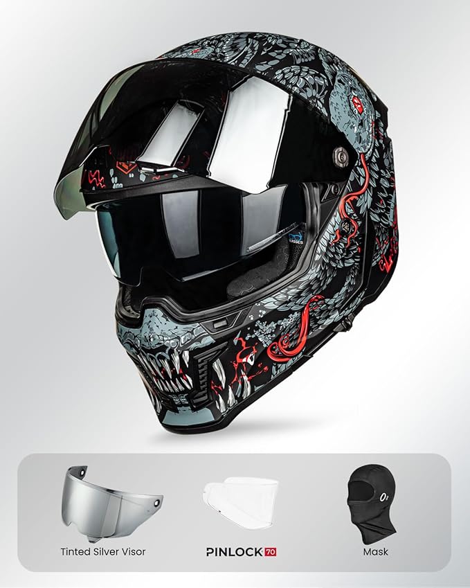 ILM Motorcycle Helmets for Adult Men Women Full Face DOT ECE Powersports Dual Visor Street Racing Helmet with Pinlock Cascos para Motos Model MF509 (Mythology Red, 2XL)