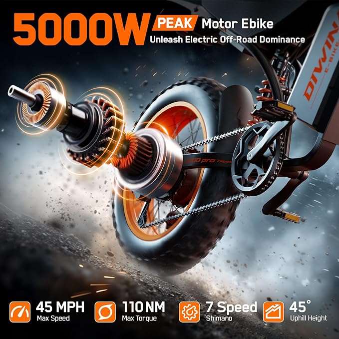 Electric Bike for Adults-3000W/5000W Peak, 60V 32/36AH Battery, 40/45MPH 100 Miles Long Range Ebike, Fat Tire 20Inch, 7-Speed Hydraulic Brake, Electric Dirt Bike Snow Commuter