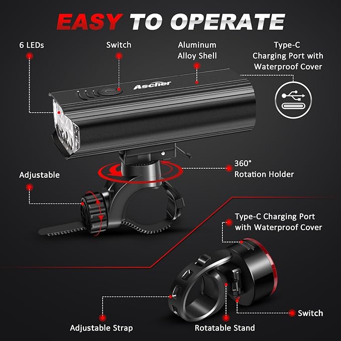 Ascher USB Rechargeable Bike Light Front and Back, Super Bright 1000 Lumens Bicycle Headlight and Compact Tail Light, 4 Light Modes, Large Capacity Battery Bike Lights for Night Riding Road Mountain