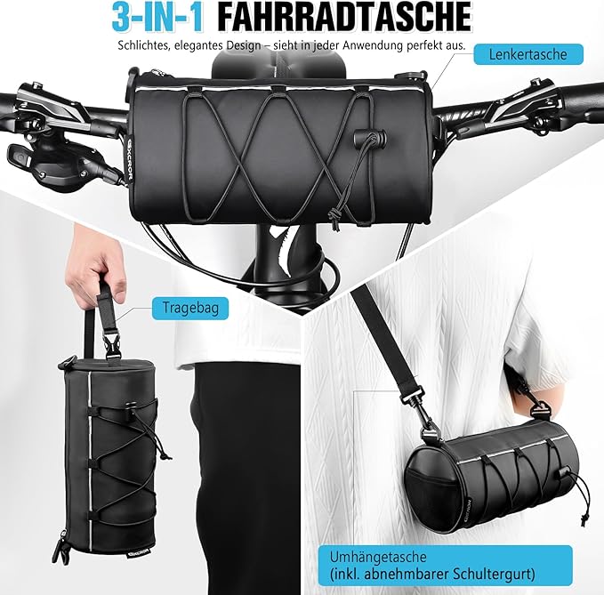 GXCROR Bike Handlebar Bag Waterproof 2.4L - Bicycle Front Bag Frame Storage Roll Bag Mountain Road, Bag Professional Cycling Accessories, Convertible to Crossbody Sling & Hand Carry Bag Handlebar Bag