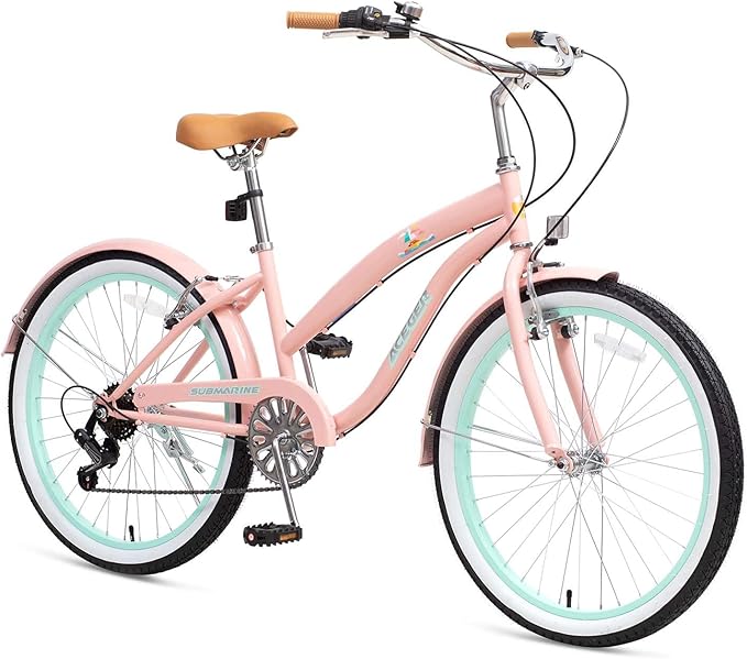 ACEGER Girls Beach Cruiser Bike for Kids 5-13 Years Old, 16" 18" 20" 24" Single Speed Kids Bicycle Included Coaster Brake, Front and Rear Reflectors, 24" 7 Speeds with Dual Brakes