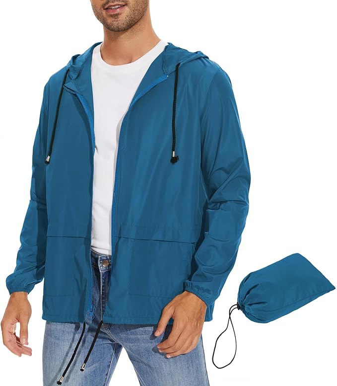 Zando Packable Mens Rain Jacket Lightweight Raincoat Waterproof with Hood Outdoor Windbreaker Jacket Travel Rain Jackets