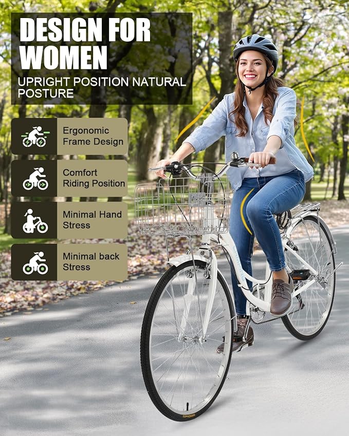 Ktaxon Women Bike 24/26 Inch Bicycles for Women, Beach Cruiser Bike with Premium Derailleur & Shift Lever, Adjustable Seat, High-Carbon Steel Frame and Excellent Welding Technology | Premium Derailleur, Shift Lever, Adjustable Seat