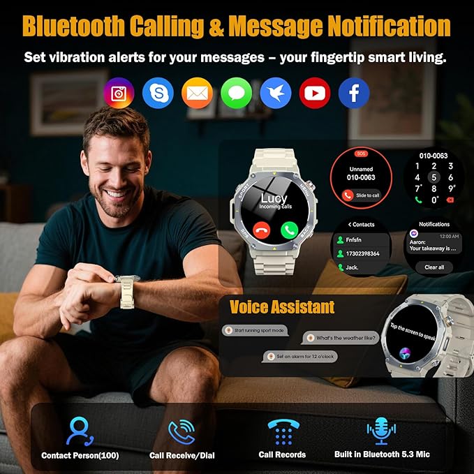 Military Smart Watch for Men Built-in GPS with LED Flashlight Compass, 1.43" AMOLED Display 5ATM Waterproof Fitness Tracker with Heart Rate/Sleep/Blood Oxygen, Watches for Android/iPhone, Khaki