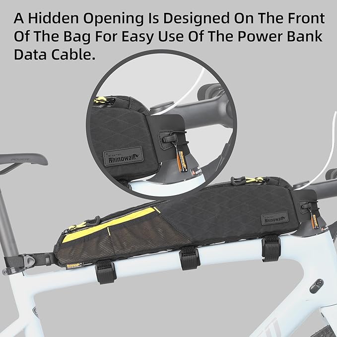 Rhinowalk Bike Frame Bag 2.1L, Waterproof Front Tube Bag with Dual Compartments, YKK Zipper, Phone Storage & Cable Port – Fits Most Bikes – Black