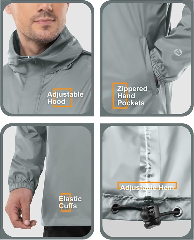 Outdoor Ventures Men's Rain Jacket Waterproof Lightweight Packable Rain Pullover for Hiking Golf Running
