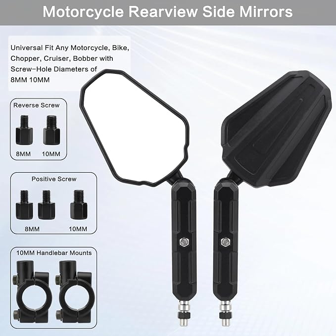 LKV Adventure Bike Mirrors, 360° Adjustable Rear View Mirrors, Universal 7/8” Handlebar Mount with 8mm & 10mm Bolts, Secure No-Vibration Fit, Easy Install