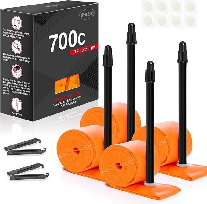 4-Pack WHEELO TPU 700C×18-32C Bike Inner Tube, Ultralight (ALLRoad & Gravel) Bike Tube with 45mm/65mm/85mm Presta Valves for Road Bike (Include Bike Tube Patch Repair Kit)