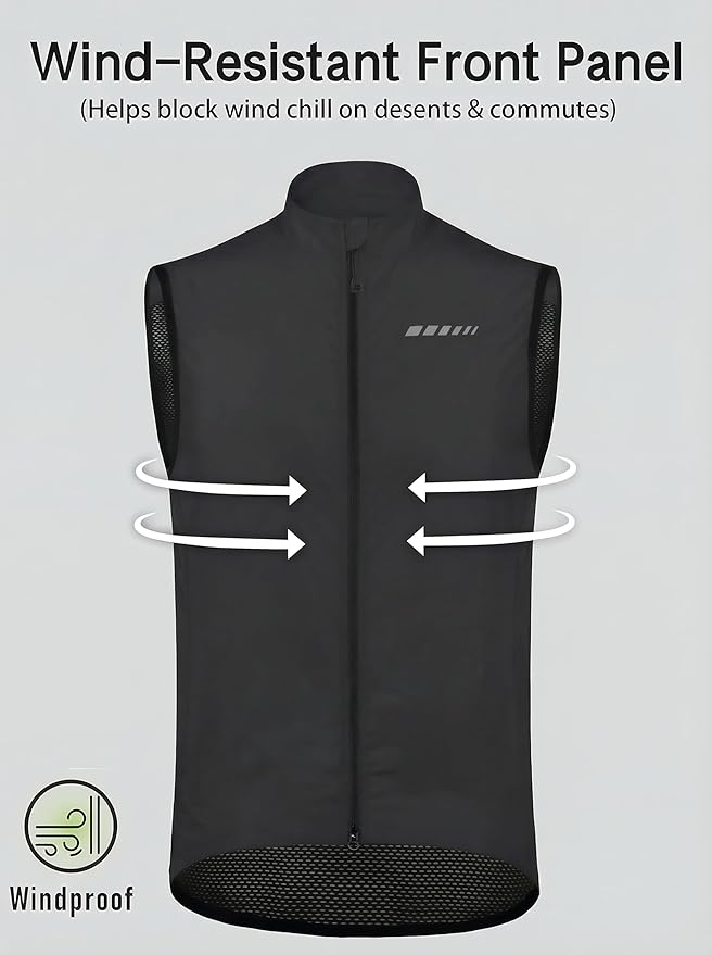 qualidyne Men's Windproof Cycling Vest – Lightweight Full-Zip Sleeveless Biking Jacket with Pockets for Cycling, Running