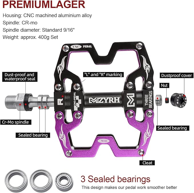 MZYRH Mountain Bike Pedals,3 Bearings Bicycle Pedals,Aluminum 9/16" MTB Pedals Bicycle Flat Pedals for Road Mountain BMX MTB Bike
