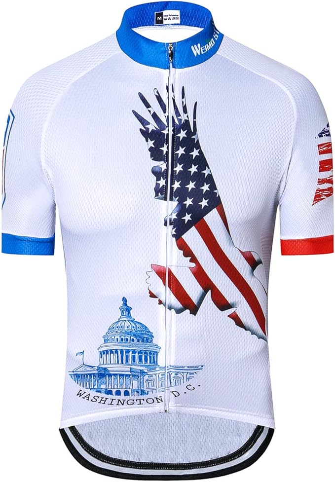 Cycling Jersey Men USA Summer Bike Short Sleeve 3-Pockets Breathable Quick-Dry Shirt S-3XL