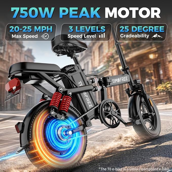 Tomofree 750W Folding Electric Bike, 48V 20AH Removable Battery, 20-25MPH, 14''x 2.1'' Tire, 25-35miles PAS, Front/Full Suspension, 200lbs Load Ebike for Adult, Adult Electric Bicycles for Commute
