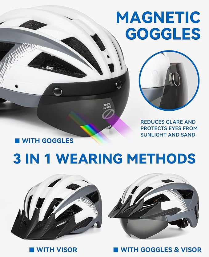 Adult Bike Helmet with Visor and Goggles for Men Women Mountain Road Bicycle Helmet Rechargeable Rear Light Cycling Helmet
