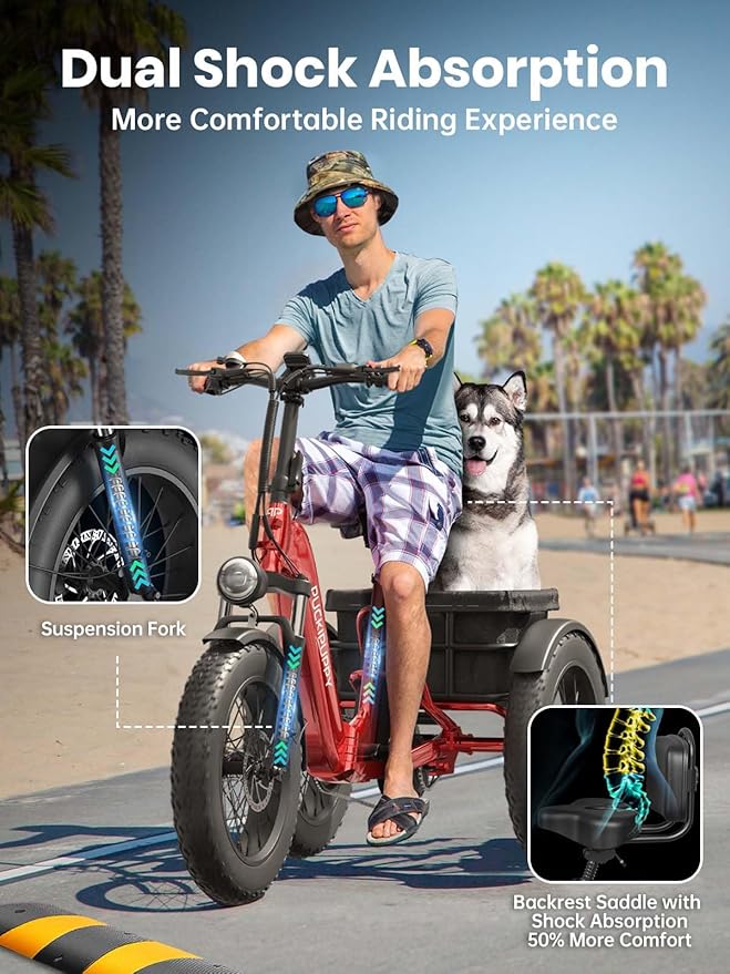 Electric Trike for Adult with 48V 17.4AH Cells Battery, 60 Miles Range, 960W Peak Motor, Pickup Class 500 LB Load Electric Tricycle with 20" Fat Tire and Large Basket for City and Mountain Road, Husky
