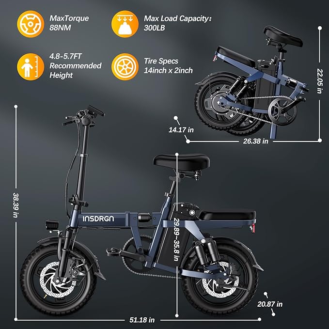14" Folding Electric Bike for Adults, Peak 1500W Motor,20MPH Max Speed,48V 16Ah Removable Battery Electric Bike, 35/62Miles Max Range, UL 2849 Certified E Bike