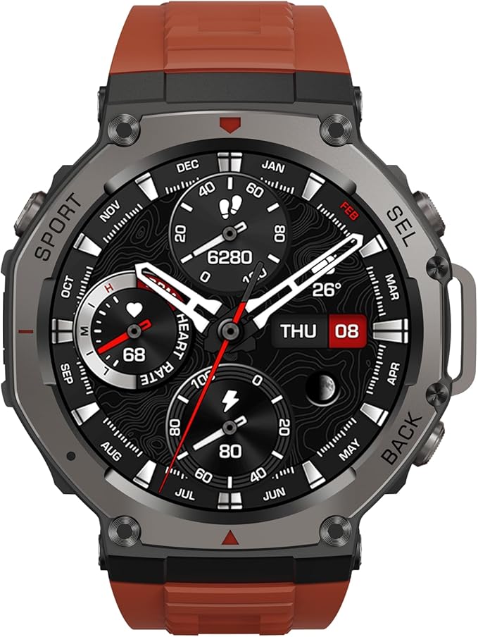SNEL® Watch ATLAS [GPS 53mm] Smartwatch — Jet Black Aluminum Case + Red Sport Band (24mm). Heart Rate & SpO2, Sleep Tracking, Fitness Tracker, Always-On AMOLED, 3ATM Water Resistant, for iOS & Android