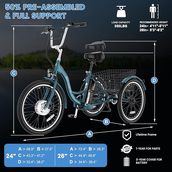 MOONCOOL MONCOOL Adult Electric Tricycle, 350W Front Drive Motor (Peak 700W), 15.5MPH E-Trike with Removable 36V 14.5Ah Battery, 60 Miles Range, 24/26 Inch 7-Speed 3 Wheel Electric Bike, Large Basket