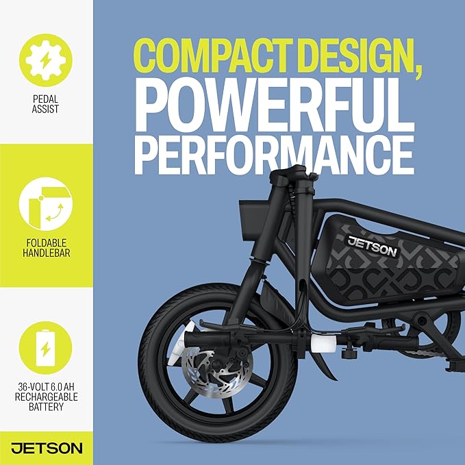Jetson Bolt Electric Bike, Foot Pegs, Easy-Folding, Built-in Carrying Handle, Twist Throttle, Cruise Control, Up to 15.5 MPH, Range Up to 15 Miles, Ages 13+