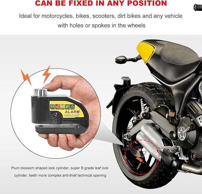 Alarm Disc Lock Set, 110dB Alarm Sound Anti-Theft Security Brake Padlock with 5ft Reminder Cable, Waterproof Battery Powered Disc Brake Lock for Motorcycle Bicycle Scooter (Black)