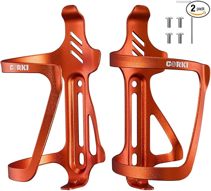 Corki Cycles Right Side Load Water Bottle Cage, Side Entry Bike Water Bottle Holder for Road & Mountain Bikes -2 Pack-Orange-Aluminum Alloy