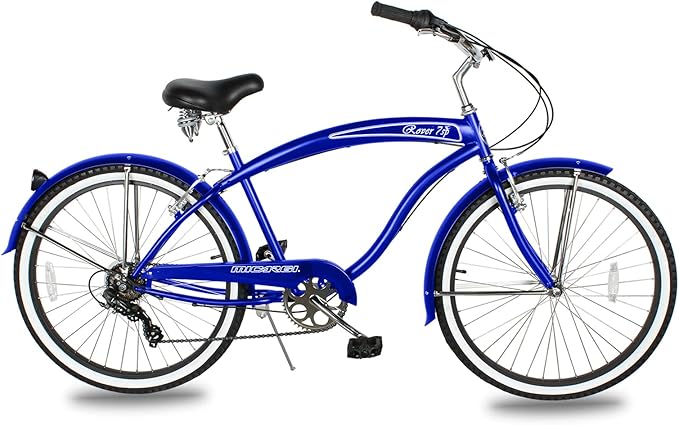 MICARGI Rover Lightweight Beach Cruiser Bike for Men, Adult,24 Inch Wheels, Featuring Steel Step-Over Step Through Steel Frame, 7 Speed Coaster Brake, Hybrid Bike, Complete Cruiser Bikes, Blue