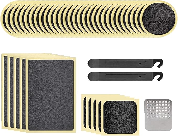 Mobi Lock 40Pcs Self-Adhesive Bicycle Tire Inner Tube Patch Repair Kit - Glueless Bike Tube Patches in Round, Square, and Rectangle Shape - Includes 2 Tire Levers, 1 Metal Rasp