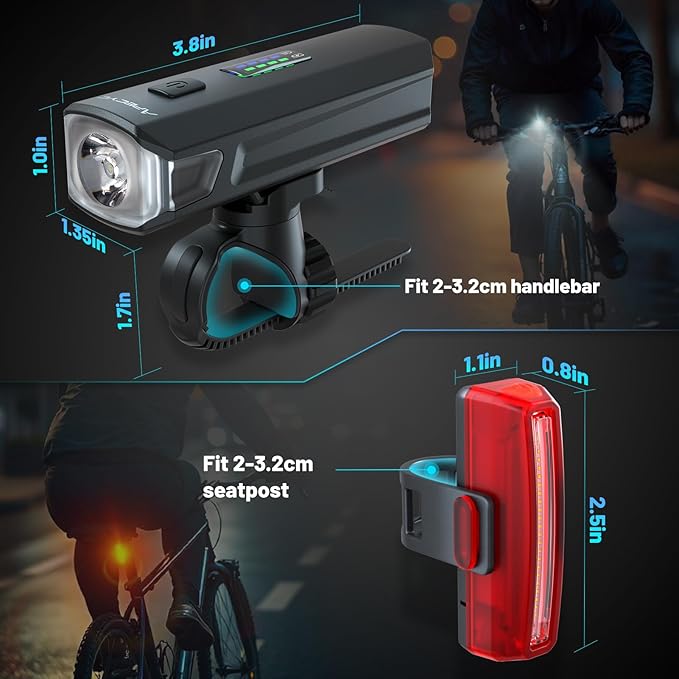 Bike Lights USB-C Rechargeable Bicycle Front Headlight and Rear Taillight with 4+5 Light Modes, Waterproof Bike Light Set for Night Riding, Commuter, Road & Mountain Cycling