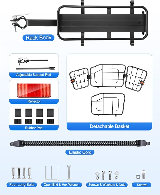 Rear Bike Basket, Aluminum Bike Cargo Rack, 22L Capacity Bicycle Basket, Foldable & Removable for Adult Bikes (Tube≤34mm), 165lbs Capacity, Includes Reflector & Bungee Cords