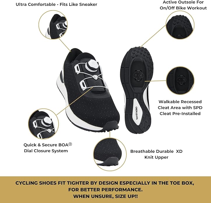 Tommaso Women's Cycling Shoes with Pre-Installed SPD Cleats — Easy to Walk-in Ventilated SPD Cycling Shoes for Women's Spin Classes and Indoor Bikes — Comfortable on Foot and Toebox.