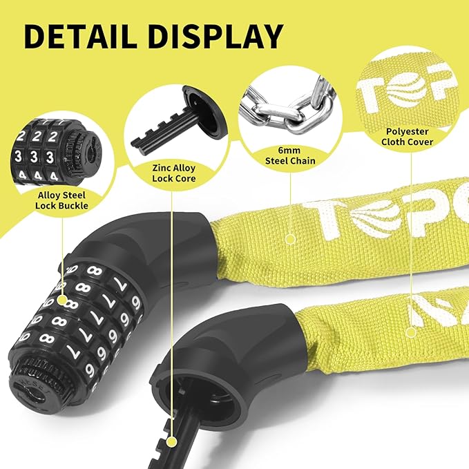 Bike Chain Lock 3.2Ft Long High Security Heavy Duty Anti Theft, 5 Digit Combination Resettable Keyless Bicycle Lock for Bike/Electric Scooter/Ebike/Motorcycle(Lemon Yellow)