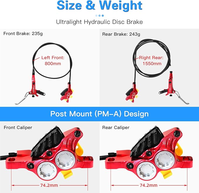 ZTZ IIIPRO IV4 Upgraded 4-Piston Hydraulic Brake Set, Hydraulic Disc Brake Kit with Ceramic Brake Pads for Mountain Bike/Ebike/Folding Bike/Fat Bike（Left Front 850mm and Right Rear 1550mm）
