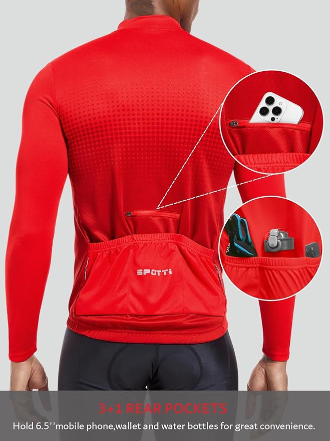 Spotti Men's Cycling Bike Jersey Long Sleeve with 3 Rear Pockets - Moisture Wicking, Breathable, Quick Dry Biking Shirt